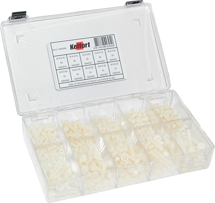 Assortimentsdoos schroeven moeren en nylon nr. 18