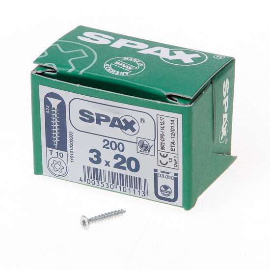 Afbeelding van Spax Spaanplaatschroef platverzonken kop verzinkt T-Star T10 3.0x20mm (per 200 stuks)