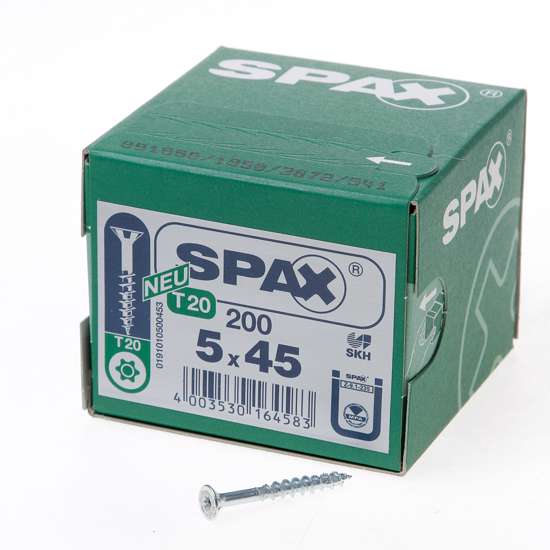 Afbeelding van Spax Spaanplaatschroef platverzonken kop verzinkt T-Star T20 deeldraad 5.0x45mm (per 200 stuks)