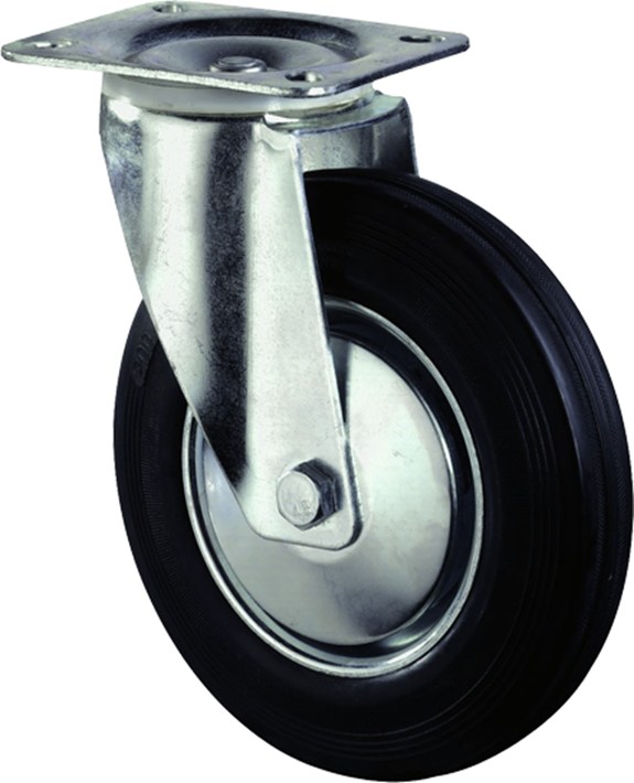Zwenkwiel, zwart rubber wiel met stalen velg en rollager, 50kg 80mm