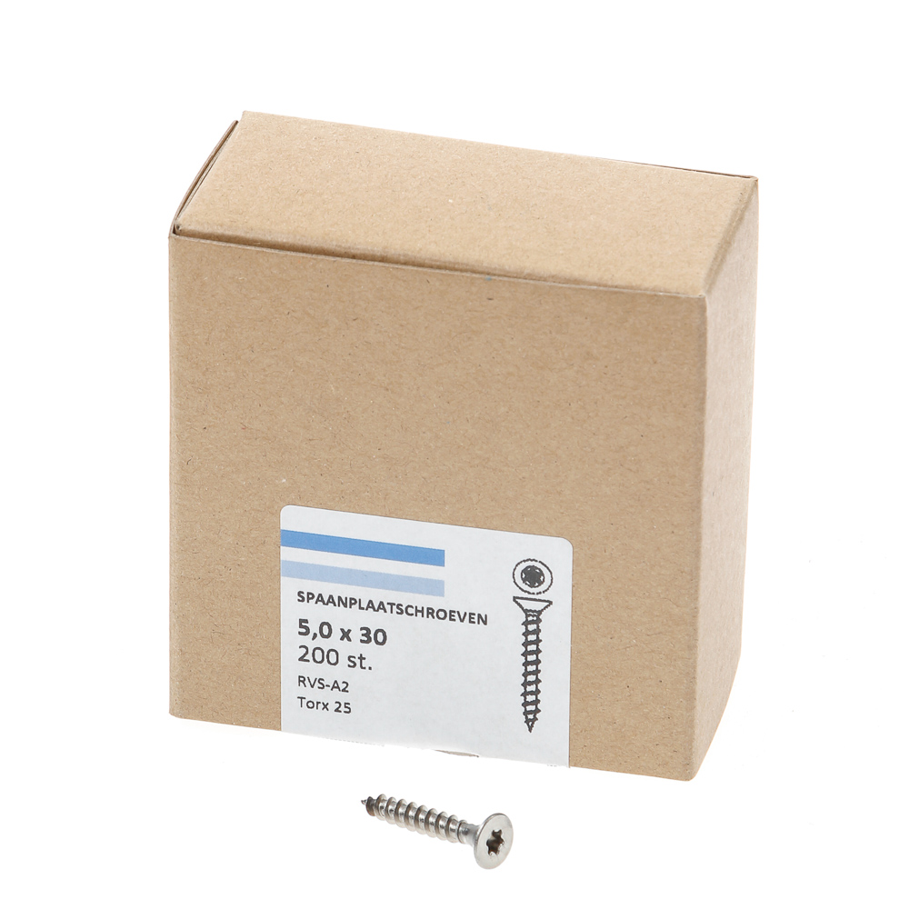 Spaanplaatschroef rvs-A2 platkop tx-25 5.0X30 voldraad (200)