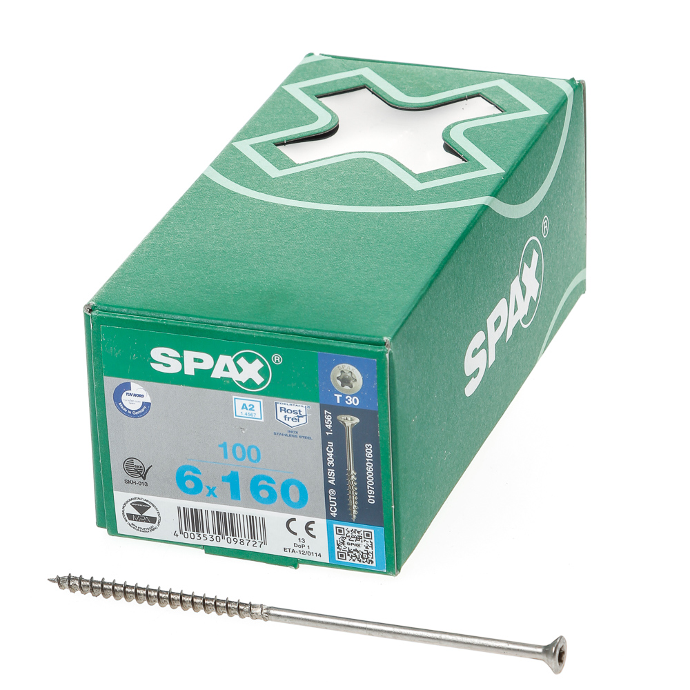 Spax Spaanplaatschroef platverzonken kop RVS T-Star T30 deeldraad 6.0 x 160mm