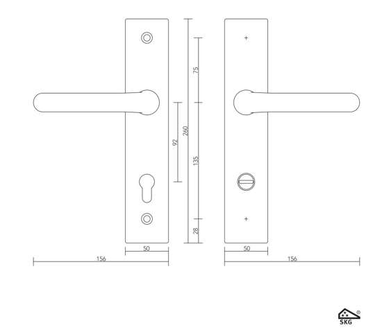 Afbeelding van Veiligheids kruk-/krukgarnituur S2, met kerntrek, PC92, rechthoekig, aluminium F1, 50x260x16/9, kruk 21, deurdikte 36-59mm