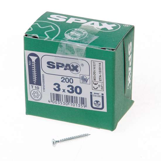 Afbeelding van Spax Spaanplaatschroef platverzonken kop verzinkt T-Star T10 3.0x30mm (per 200 stuks)