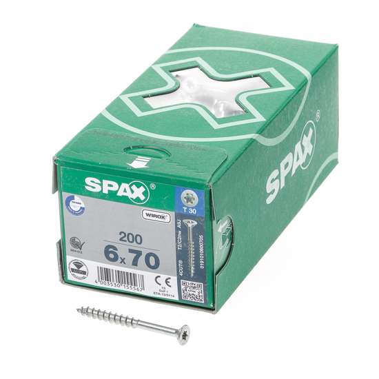 Afbeelding van Spax Spaanplaatschroef platverzonken kop verzinkt T-Star T30 deeldraad 6.0x70mm (per 200 stuks)