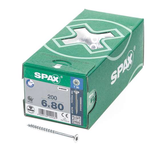 Afbeelding van Spax Spaanplaatschroef platverzonken kop verzinkt T-Star T30 deeldraad 6.0x80mm (per 200 stuks)