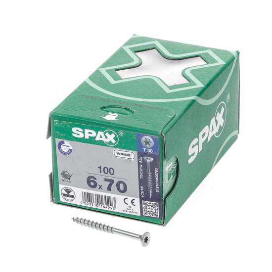 Afbeelding van Spax Spaanplaatschroef platverzonken kop verzinkt T-Star T30 deeldraad 6.0 x 70mm