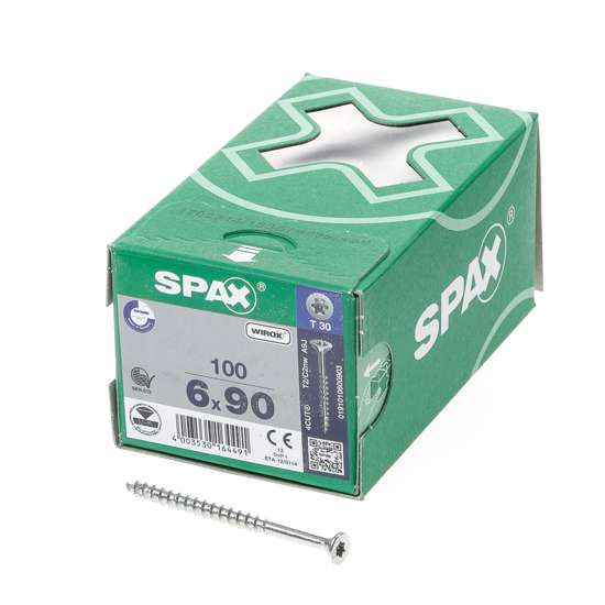 Afbeelding van Spax Spaanplaatschroef platverzonken kop verzinkt T-Star T30 deeldraad 6.0 x 90mm