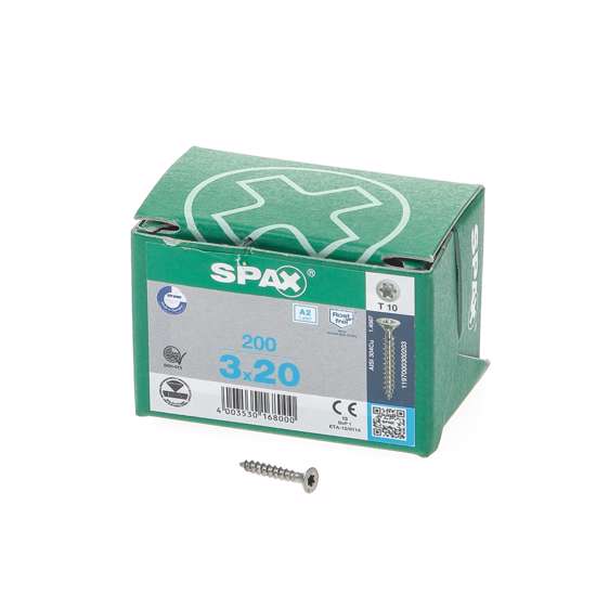 Afbeelding van Spax Spaanplaatschroef platverzonken kop RVS T-Star T10 voldraad 3.0x20mm (per 200 stuks)