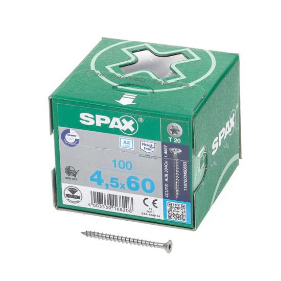 Afbeelding van Spax Spaanplaatschroef platverzonken kop RVS T-Star T20 voldraad 4.5x60mm (per 100 stuks)