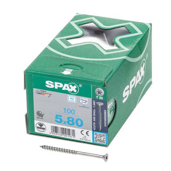 Afbeelding van Spax Spaanplaatschroef platverzonken kop RVS T-Star T20 deeldraad 5.0x80mm (per 100 stuks)